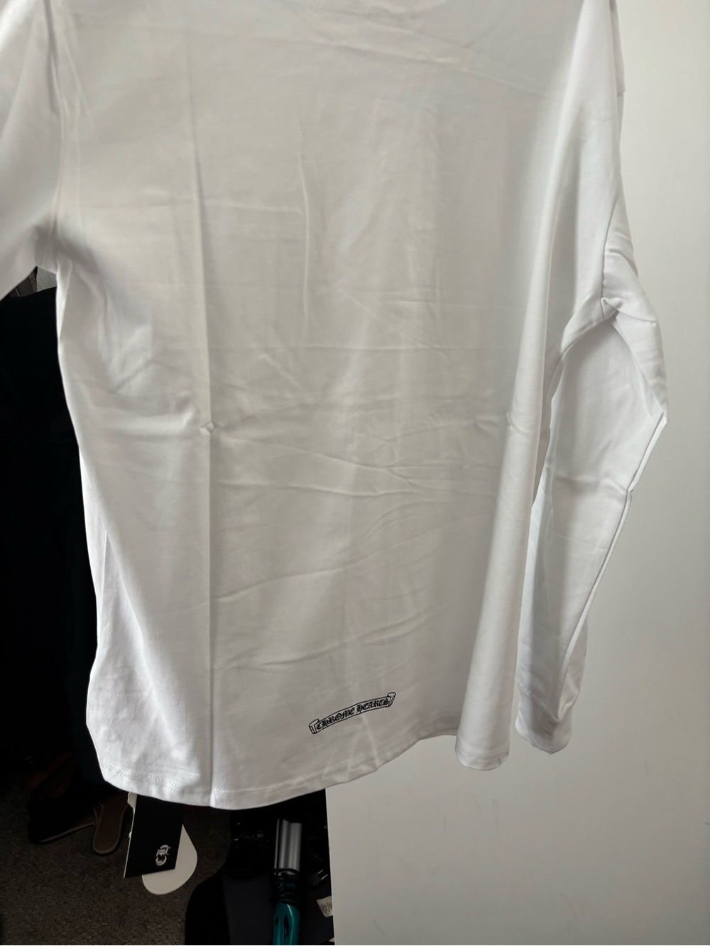 Chrome Hearts White Long Sleeve Pocket Tee with Black Gothic Sleeve Print - Picture 4 of 6